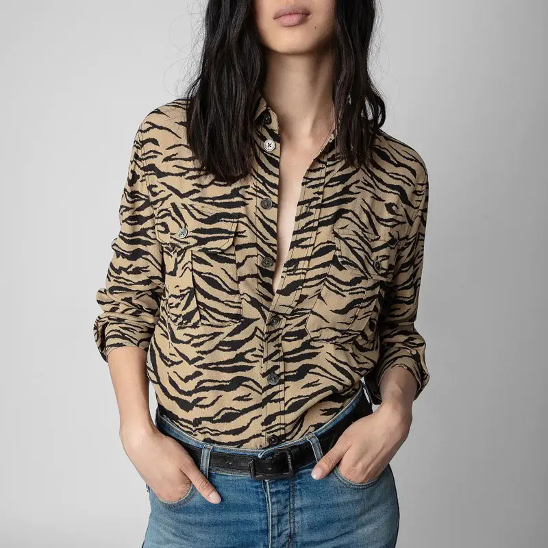 2022 Autumn Blouse Women Double Pockets Loose Tiger Stripes Turn-down Collar  Female