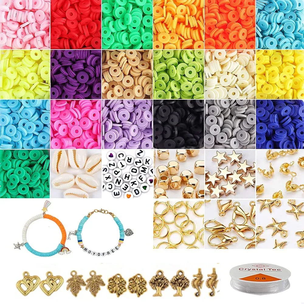 

Polymer Clay Beads Kits Flat Round Loose Spacer Preppy Beads for DIY Bracelets Jewelry Making with Pendant Charms Elastic Cords