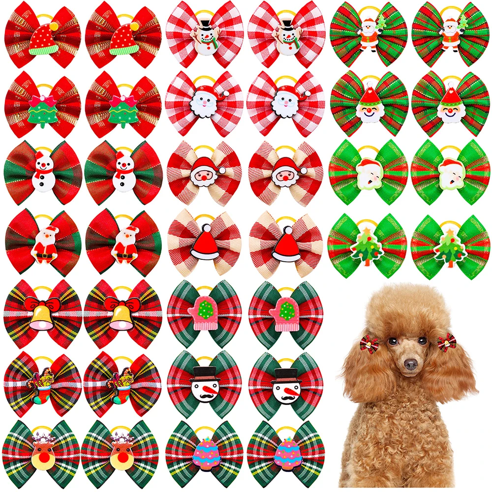 

10/20PCS Dog Hair Bows Pet Bows Christmas Grooming Plaid Dogs Bowkont with Rubber Band for Small Dogs Party Hoilday Pet Supplies