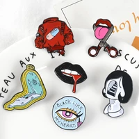 pill eyeliner tongue lips enamel pins twisted clock girl brooches lapel pin bag punk cool jewelry gift for friends drop shipping