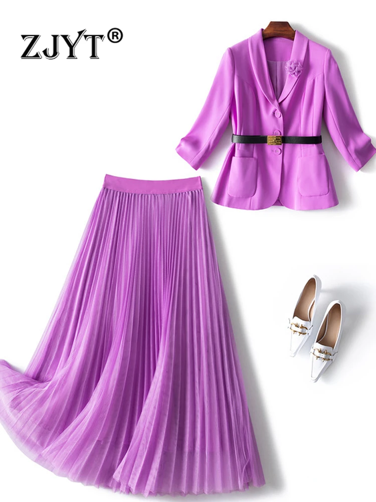 

ZJYT Elegant Designer Autumn Blazer and Mesh Skirt Suits for Women 2022 Office Lady Two Pieces Outfits Fashion Purple Dress Set