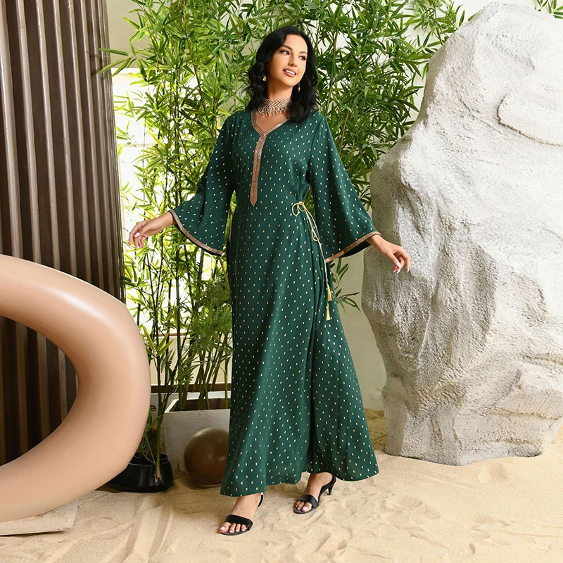 Muslim Solid Color Polka Dots Abayas For Women 2022 With Belt Simple Middle East Female Arabic Abaya Dubai Hijab Dress Turkey