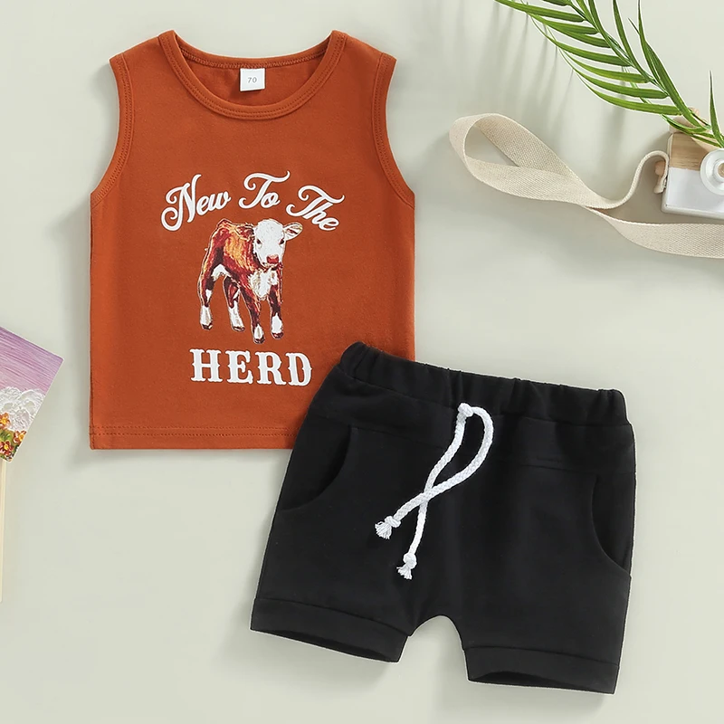 

Baby Boys 2PCS Set Sleeveless Crewneck Alphabet Short Sleeve Cow Letter Print T-Shirt Top + Front Knot Casual Blazer Shorts Set