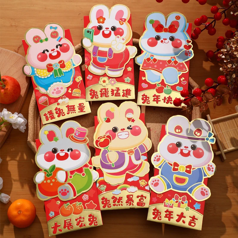 

6 шт., конверты в китайском и новогоднем стиле с изображением кролика, 2023 Год Кролика, красные конверты с изображением знаков зодиака для нов...