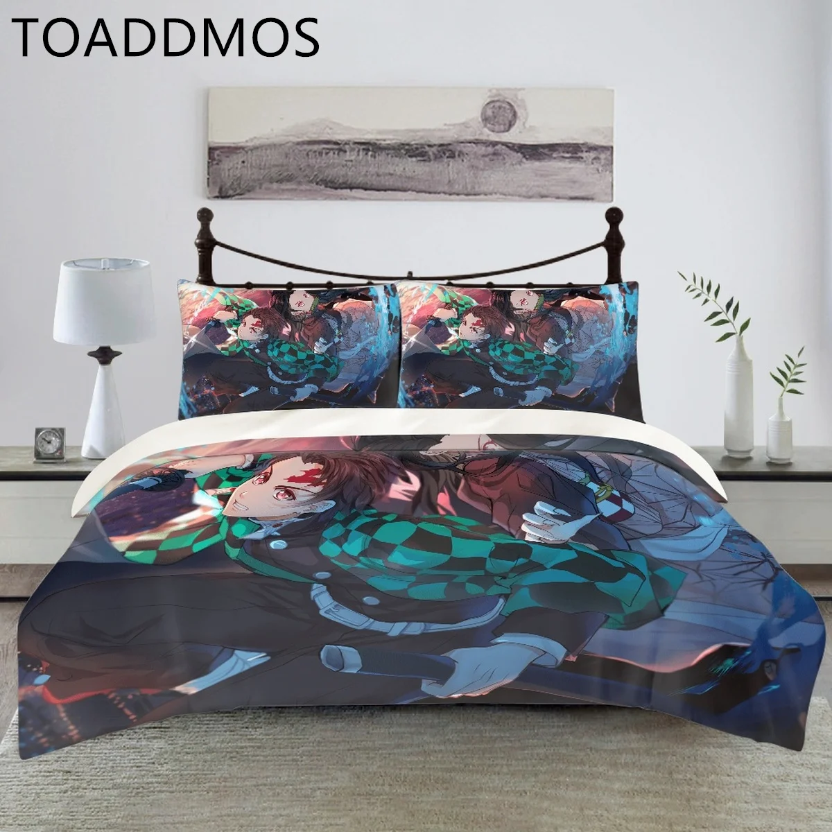

TOADDMOS 3D Print Japanese Cartoon Anime Bed Quilt Cover Pillowcase Nezuko Tanjiro Pattern Cozy Bedding Set Child Bedroom Decor