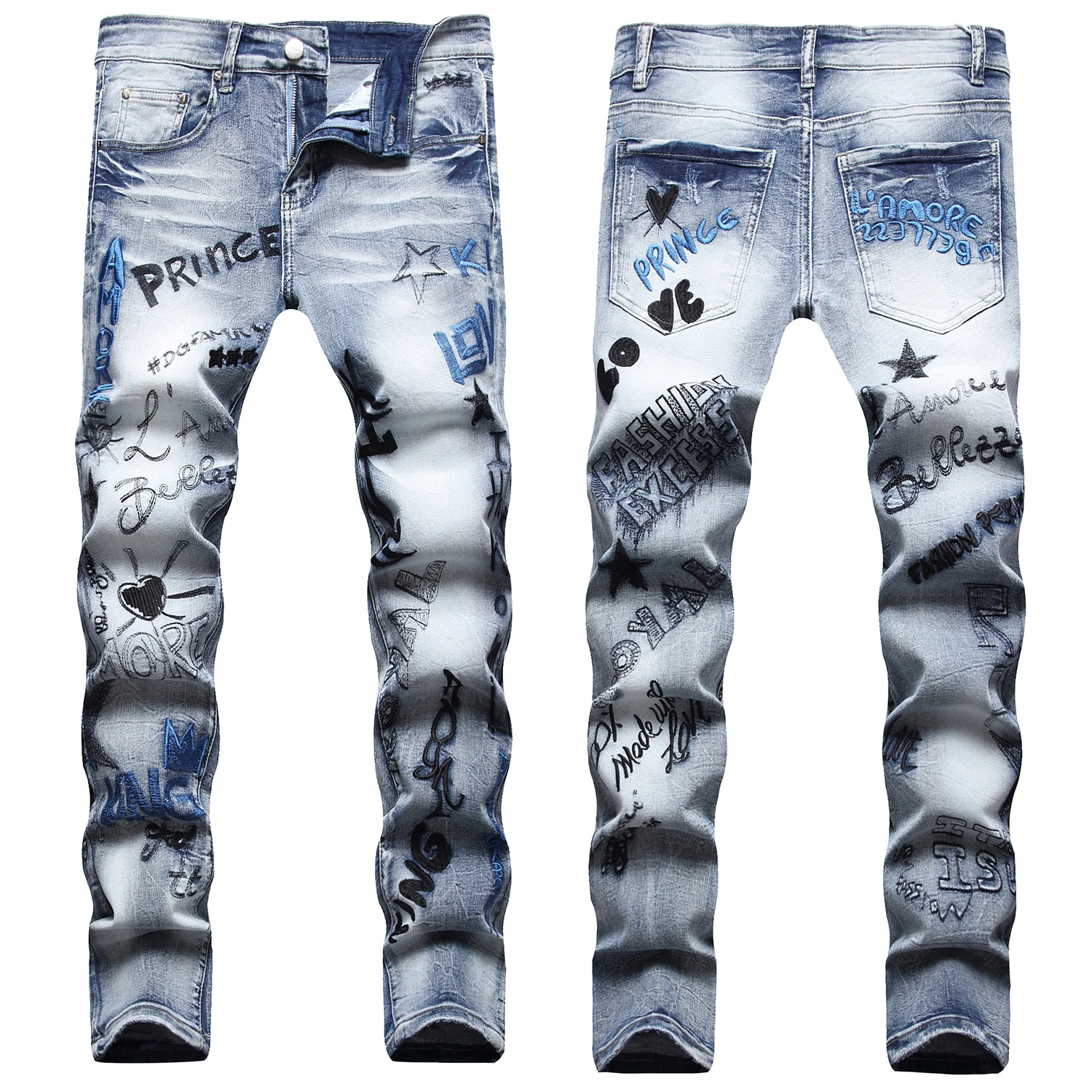 

Light Luxury Men’s Embroidery Stretch Jeans,Slim-fit Denim Pants,Street Fashion Scratches Casual Jeans,Classic Blue Jeans;
