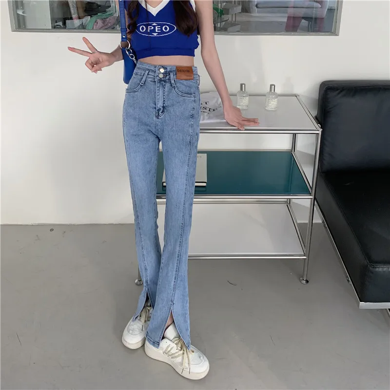 

N1130 New fashion all-match high-waisted slim slit mopping trousers jeans
