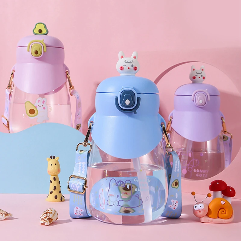 

1000ML Water Bottle Large Capacity Outdoor Sports Water Bottle With Strap Cute Sticker Portable Plastic Kids Water Cup