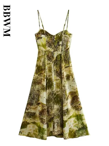 2023 Summer Women Print Midi Strap Dress Sweetheart Neck Vintage Sleeveless Chic Female Sexy Hem Side Split Beach Dresses New