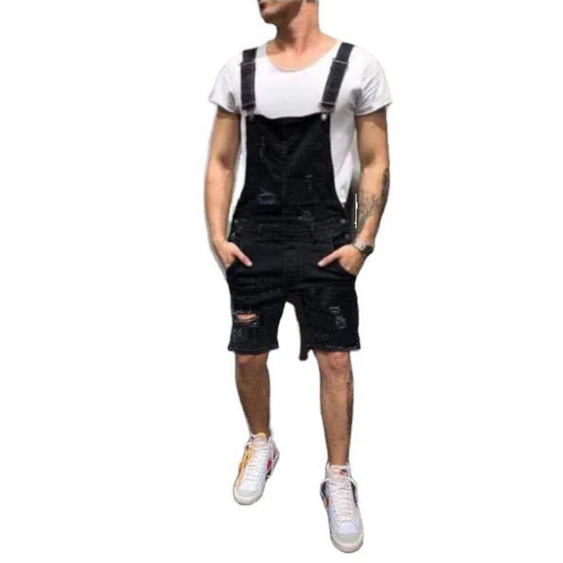 New Denim Bib Ripped Jeans Slim Streetwear Men's Shorts Cargo Pants Summer Fashion High Street Knee Length Overalls