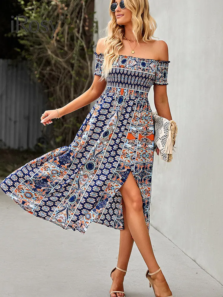 

Elegant Summer Off Shoulders Dresses Woman 2023 Slash Neck High Waist Long Bohemian Beach Dress with Side Split Viscose Dress