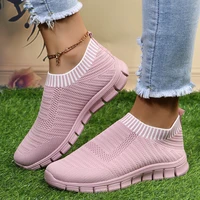 yellow stripe knitted socks sneakers women spring summer slip on flat shoes woman plus size 42 43 breathable mesh running shoes