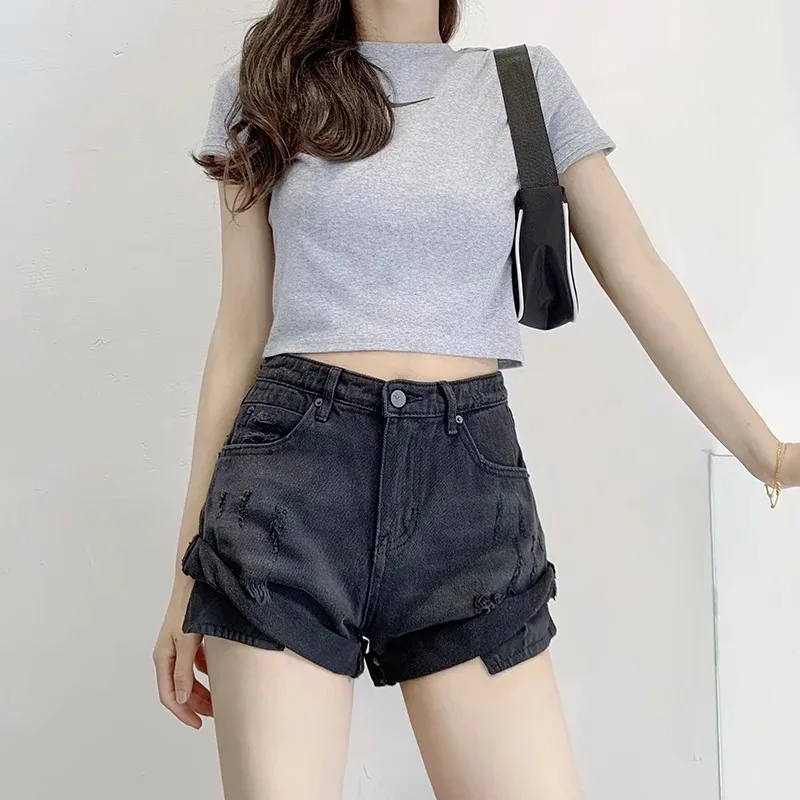 2021 Friction Flanging Pocket High Waist Denim Shorts Women Summer Trend Korean Harajuku Casual Short Jeans Female Streetwears