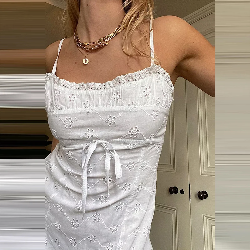 

Женское винтажное мини-платье Y2K, белое ажурное короткое платье на бретелях-спагетти с оборками в стиле ретро 90-х, Сказочная одежда