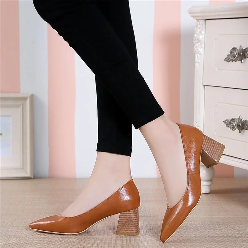 

Туфли женские с острым носком, без застежки, высокий толстый каблук, пикантные, обувь для работы, осень 2024