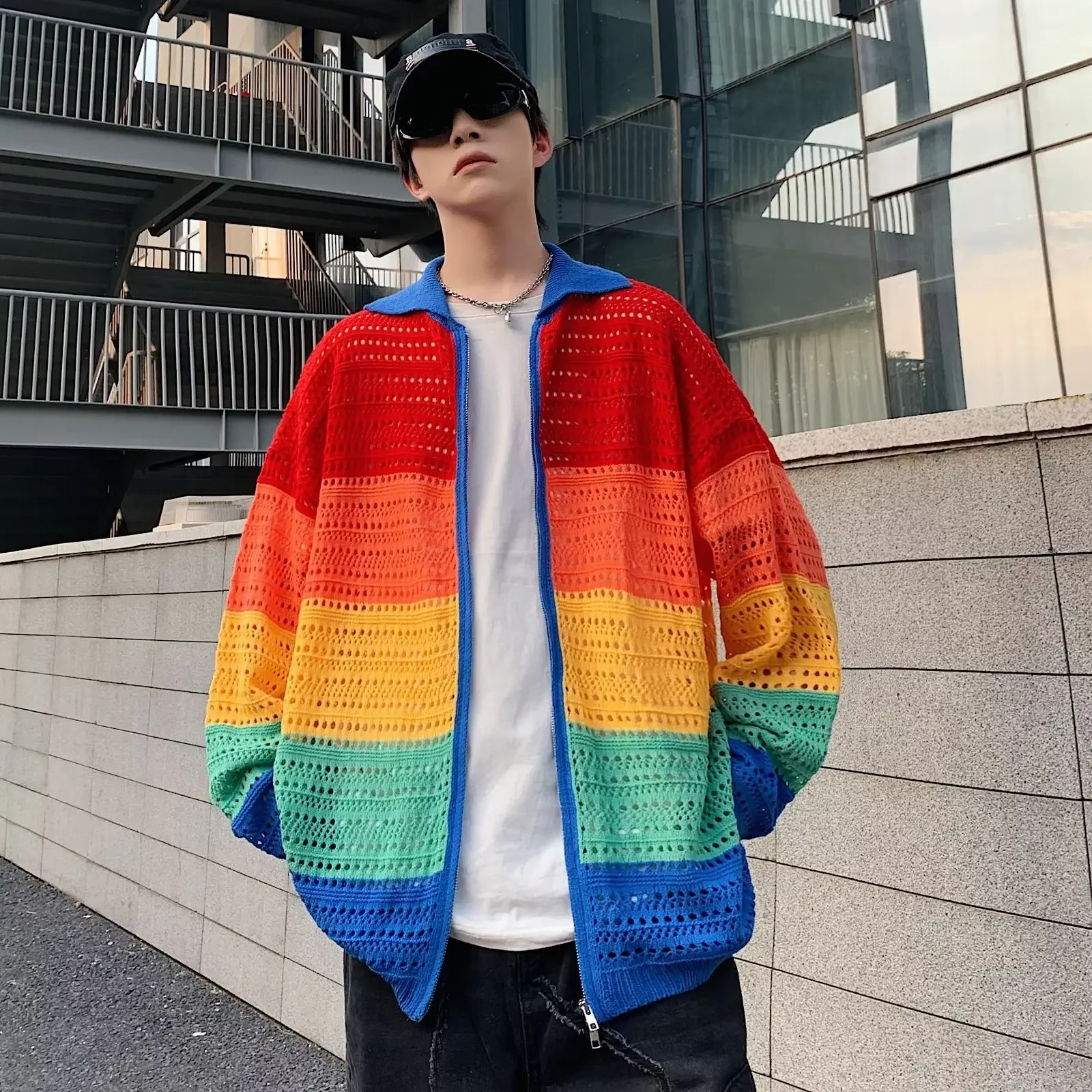 Радужный вязаный кардиган Модный повседневный винтажный свитер в полоску