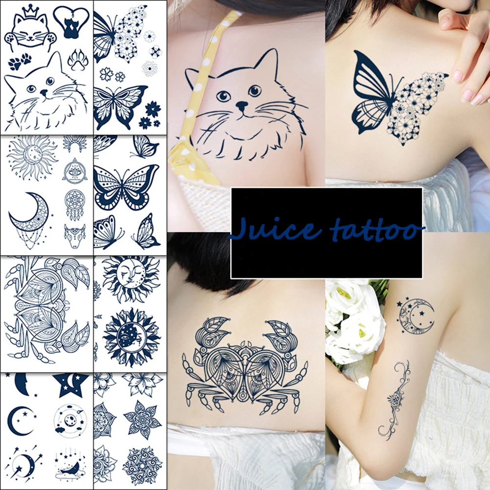 

Juice Tattoo Stickers Cute Kitten Butterfly Planet Small Pattern Blue Herbal Tattoo Stickers Temporary Waterproof Lasting