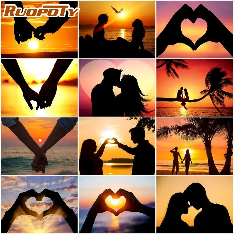 

RUOPOTY Acrylic Paint By Number Lovers Silhouette Handpainted Painting By Number Scenery Painting Number Artwork