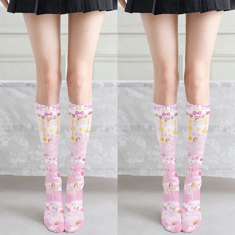 

Pikachu 3D Printed Calf Socks Pink Kawaii Over The Knee Stockings Summer Skimpy Stretchy Girl Cosplay Socks