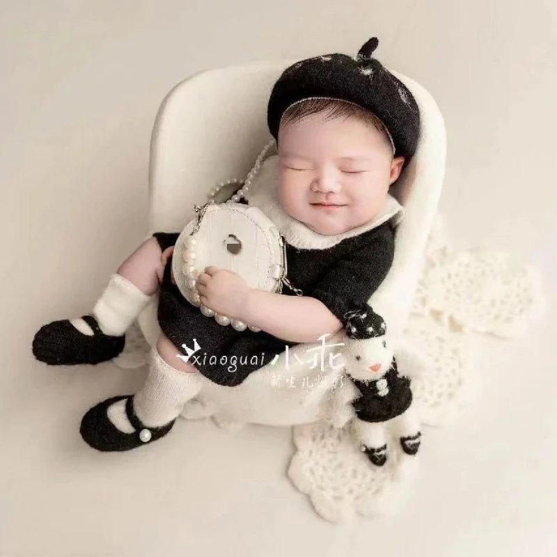 Dvotinst Newborn Photography Props Girls Elegant Black Outfit Set Handbag Doll Posing Sofa Set Studio Shooting Photo Props