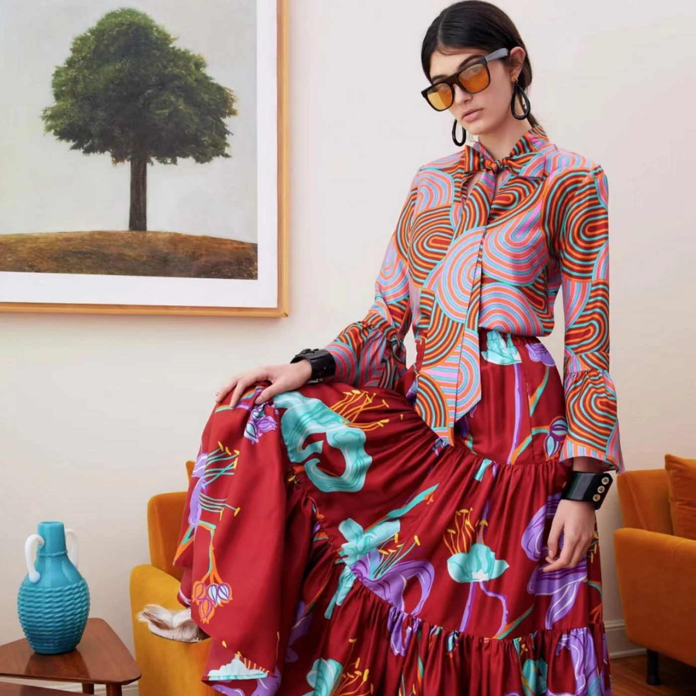 

2023 Autumn New Arrival Fashion Floral Print Blouse Skirt Women Set Top Quality Suit