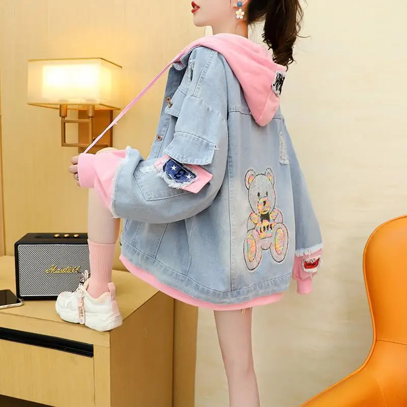 

Куртка женская джинсовая с длинным рукавом, уличная модная свободная повседневная верхняя одежда с бисером, блестками, медведем, карманами из денима, с капюшоном