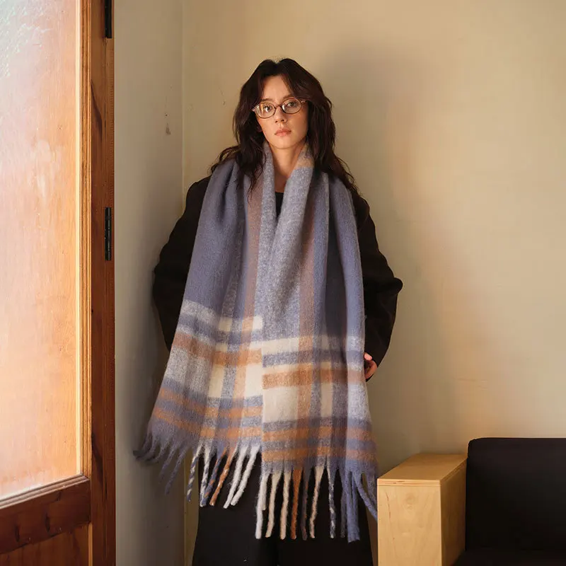 Новинка Осень/Зима 2024 дымчато-синяя сетка плюшевый женский шарф утолщенное