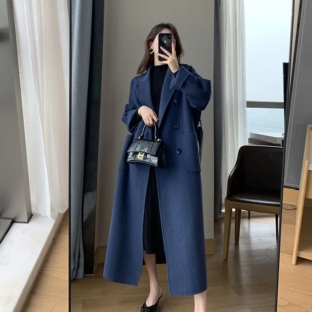 

2021 Women Spring Autumn Coat Fashion Warm Outerwear Woolen Blends Female Long Elegant Double Breasted Solid Woolen Coat