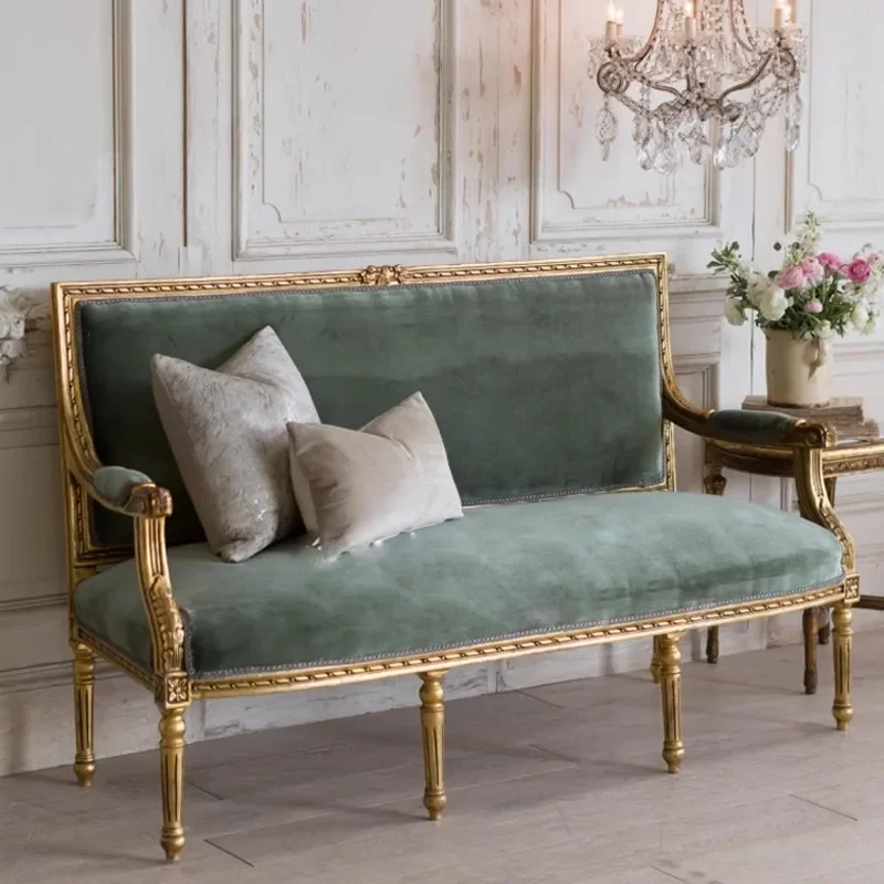 Французский Ретро-диван с резьбой по дереву и цветком золотистый старый двойной