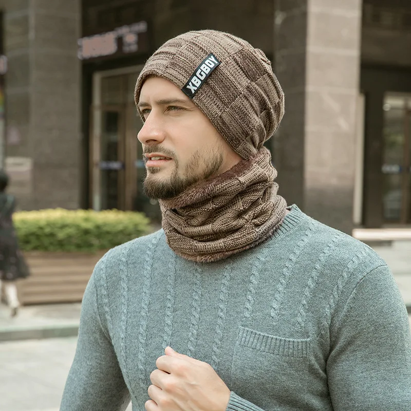 

Winter Hat Pullover Hat Bib Suit Plush Thickened Wool Hat Men's European and American Autumn And Winter Men's Knitting Hat