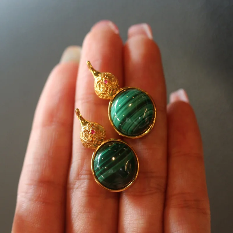 Подвеска из натурального малахита и калабаша S925 полностью стерлинговое