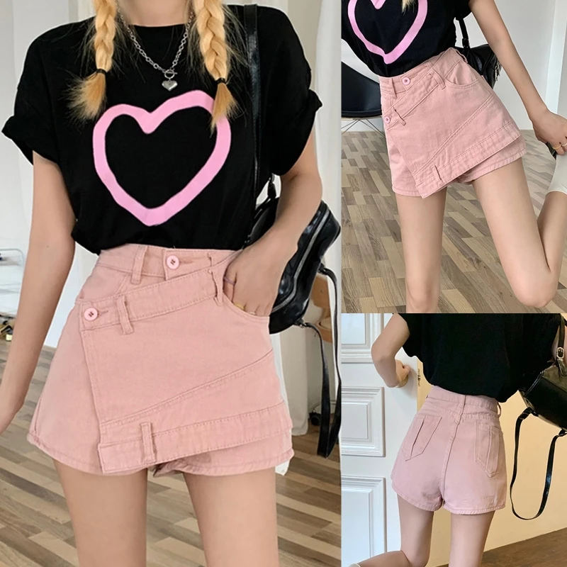 Women Summer High Waist Crisscross Pink Jean Shorts Asymmetric Irregular Wrap Bottom Wide Leg Denim Shorts Mini Skirts with 10CE