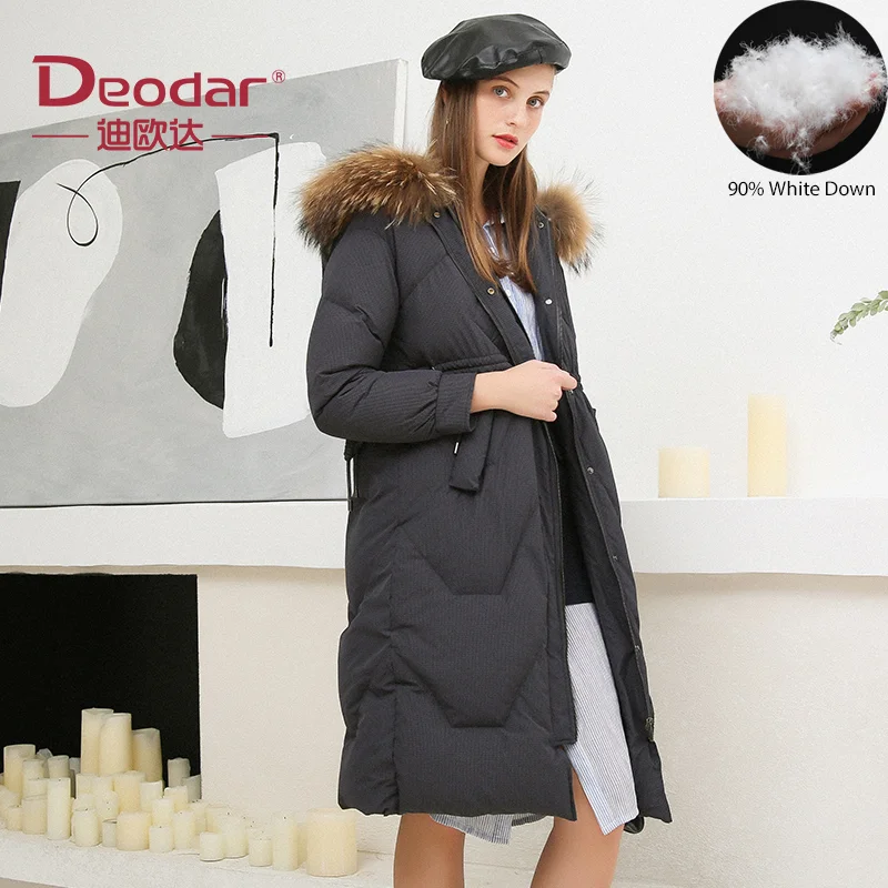 DEODAR Women's Fashion Long 90% White Duck Down Jacket Hooded Natural Mink Fur Collar Winter Outwear Ultra Light Warm Clothes