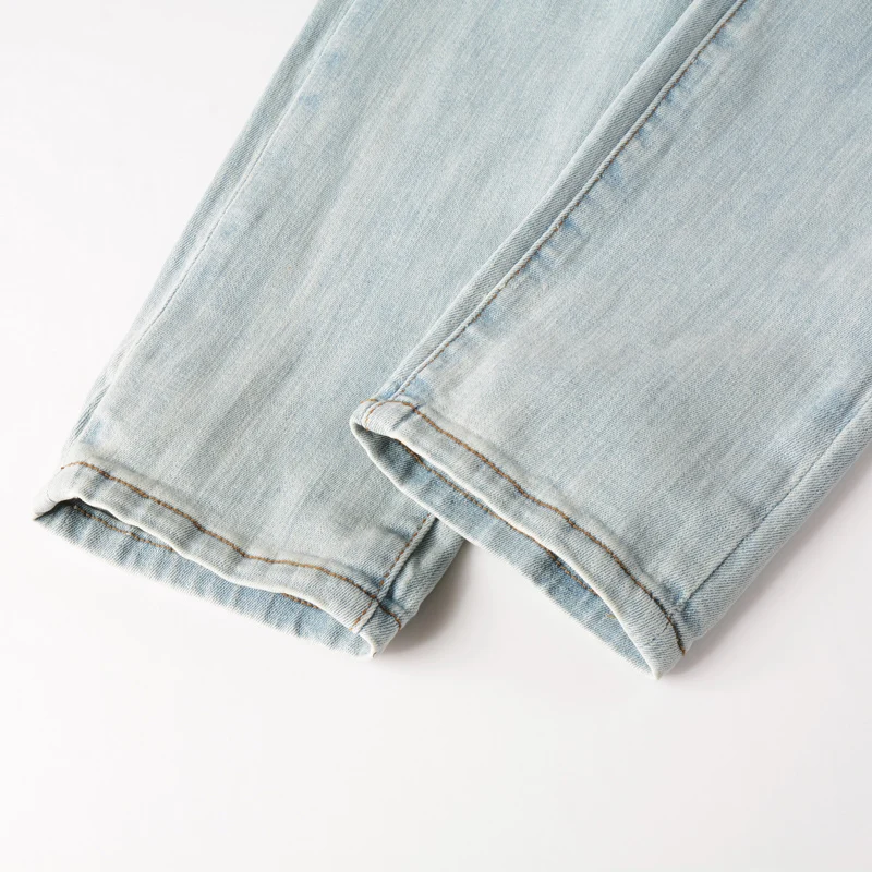 High Street Fashion Men Jeans Retro Light Blue Elastic Stretch Skinny Fit Ripped Jeans Patched Designer Hip Hop Brand Pants Men