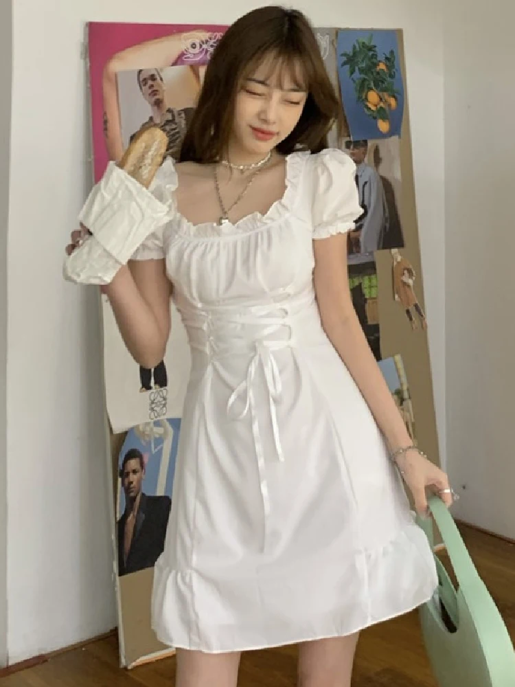 

Женское платье с цветочным принтом, элегантное белое платье в Корейском стиле с воротником «Питер Пэн» и рукавами-фонариками на талии, Студ...