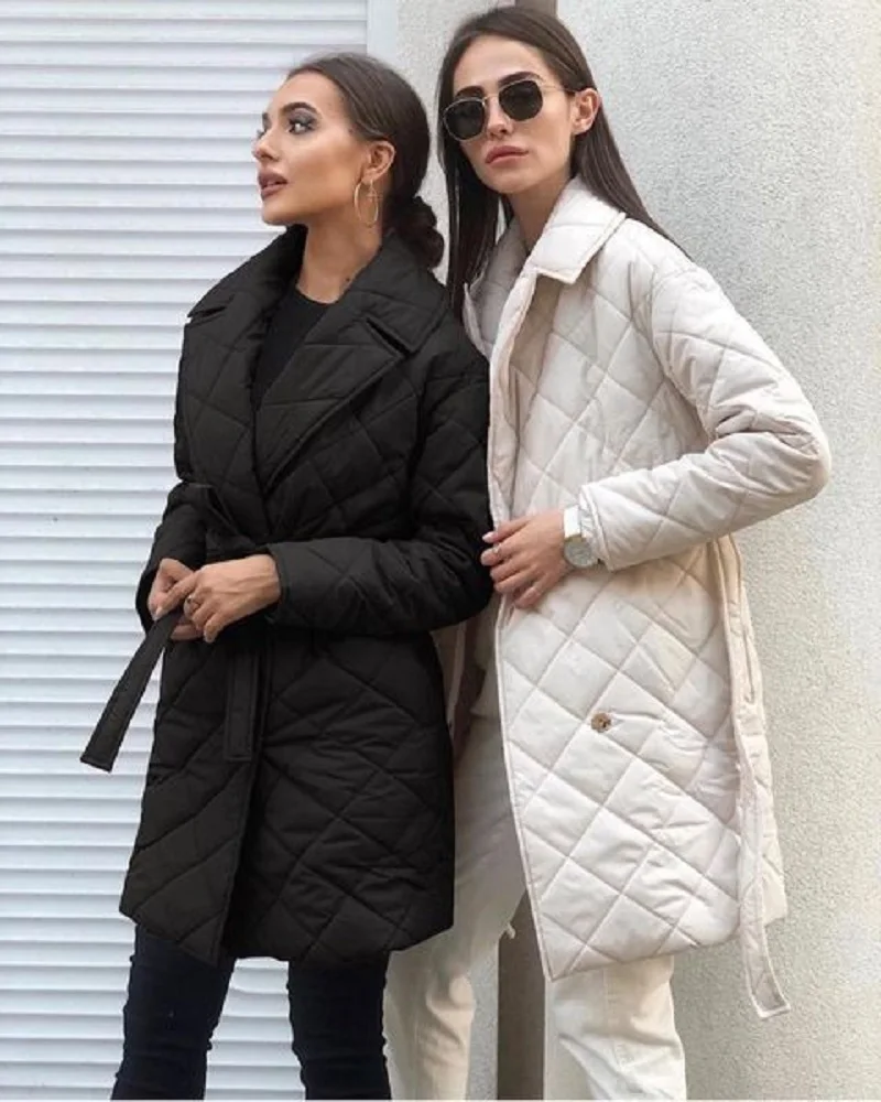 Winter Thicken Warm Long Cotton Coats Women Parkas Lapel 2022 New Fashion Adjustable Waist Tie Pocket Slim Jacket Female Outwear