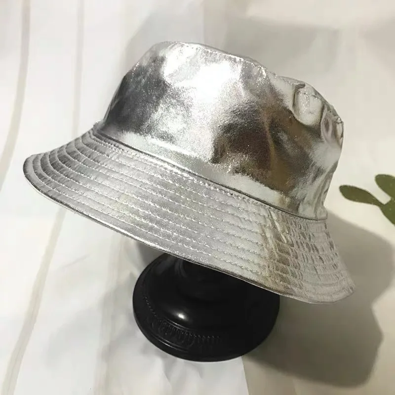 

Metallic PU Reversible Bucket Hat for Women Designer Glitter Vinyl Fisherman Cap Men's Summer Panama Bob Caps Party