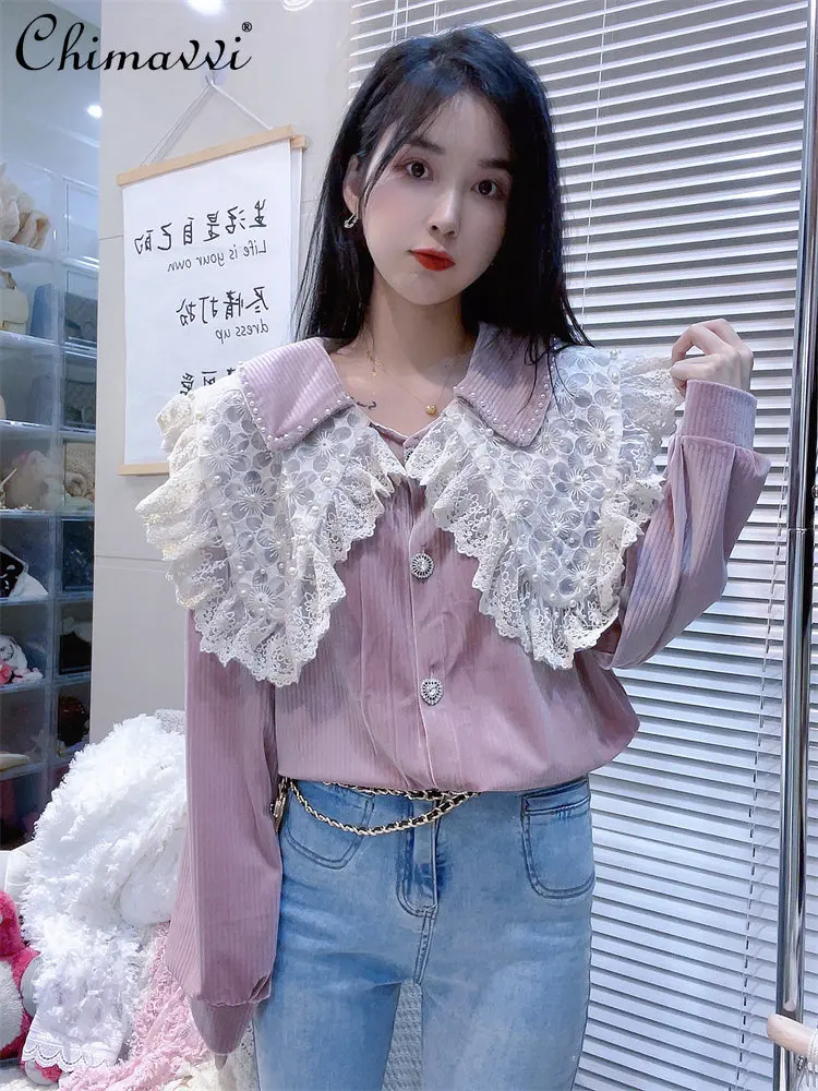 

Autumn Clothes 2022 New Fashion Lace Bead Doll Collar Velvet Blouse Loose Ruffled Stringy Selvedge Long Sleeve Shirt for Women