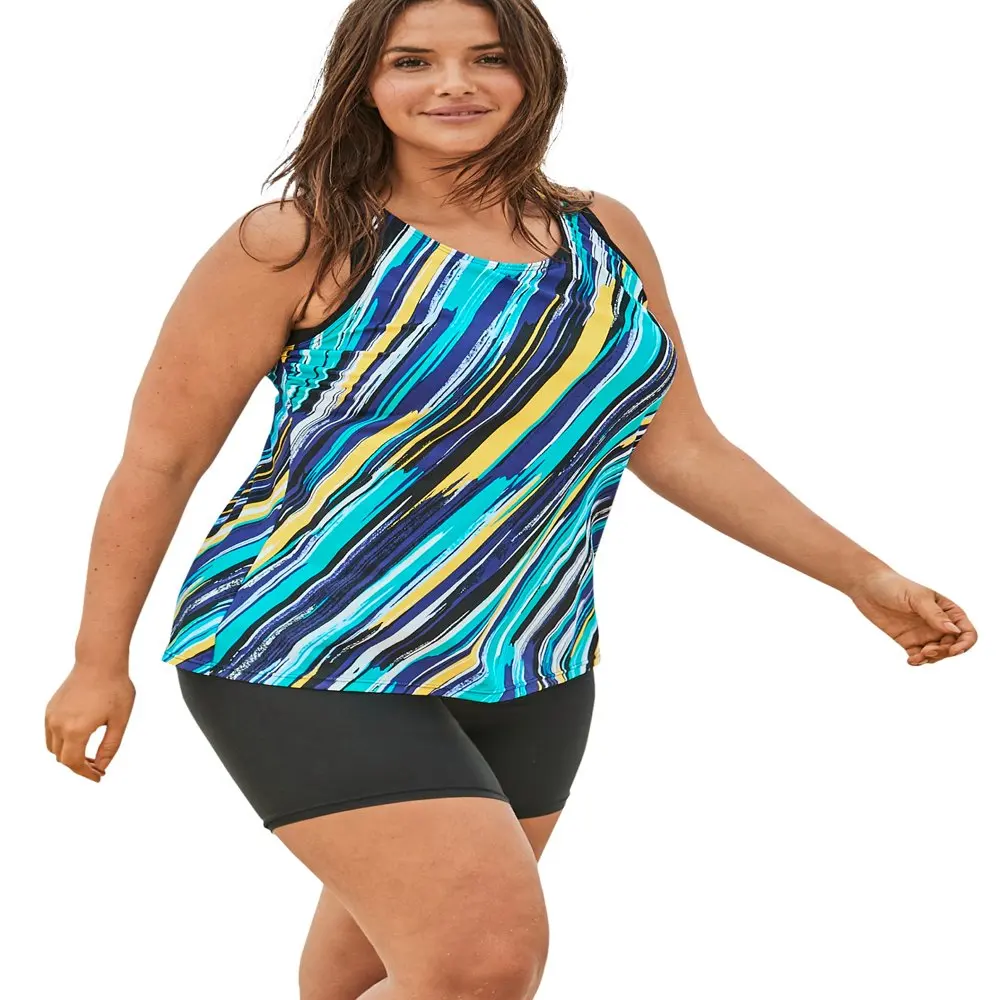 

Swimsuits For All Women`s Plus Size Longer-Length Racerback Tankini Top 18 Turq Painterly Stripe