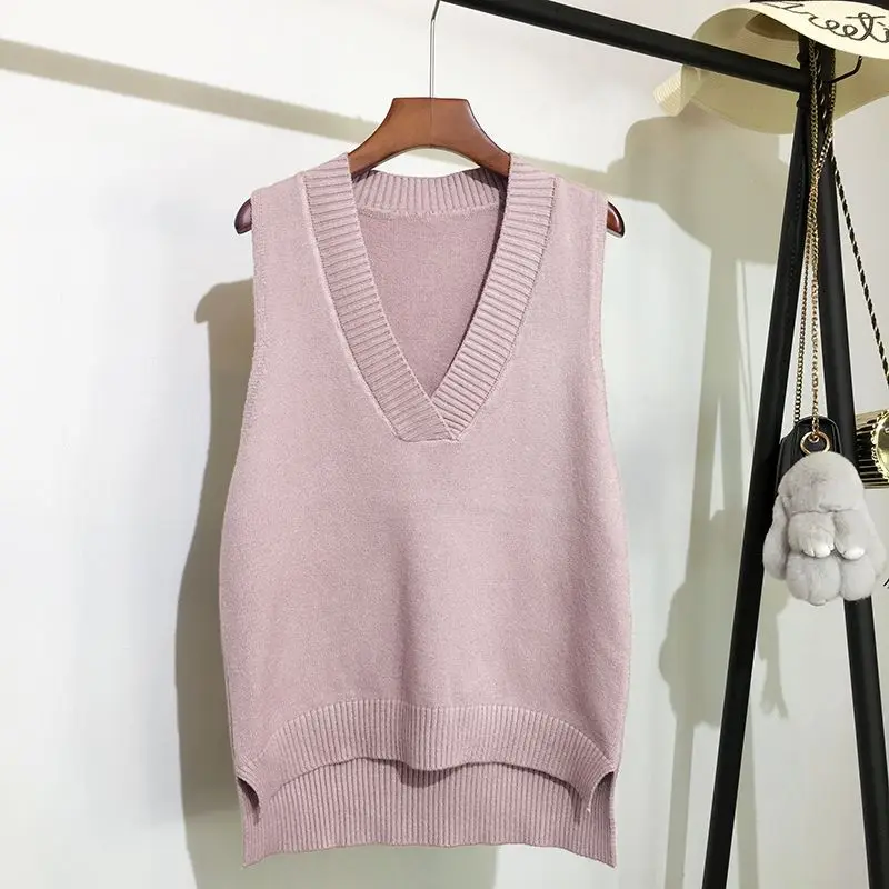 

Oversize Women Vests Sweater Vest One Size Spring Autumn Solid Simple All-Match V-Neck Couples Retro Khaki Soft Ulzzang Female