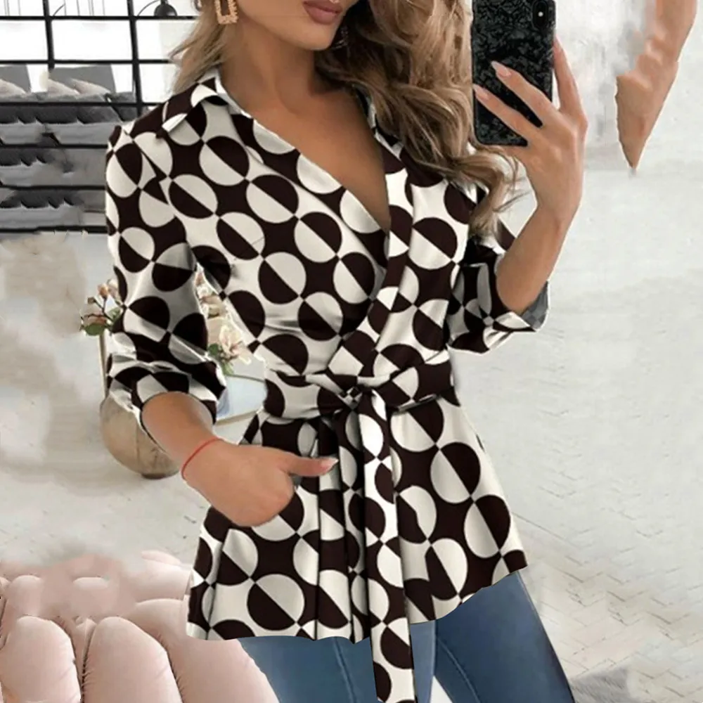 

Female Pattern Print Long Sleeve Tops Elegant Lapel V Neck Lace-up Wrap Commuter Shirt Autumn Pocket All-match Pullovers Blouses