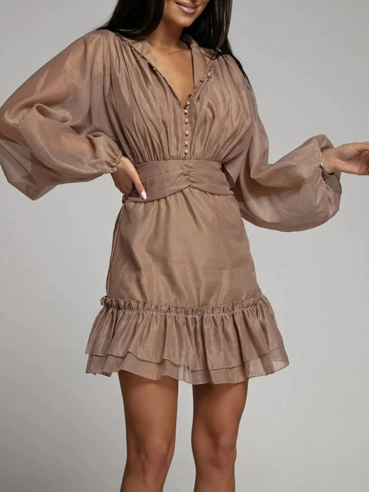 

Spring Summer Elegant Button Club Slim Dress Fashion Pleated Bodycon Party Dress Women Sexy Solid Mesh Lantern Sleeve Mini Dress