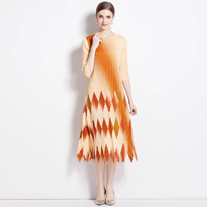 

New Autumn Pleated Midi Dress Elegant Fashion Women Gradient Print Plaid Three Qrarter Sleeve Split Long Dresses Vestidos