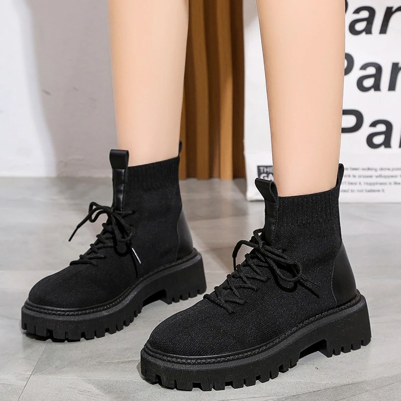 

Женские ботинки, новые зимние ботинки без шнуровки, вязаные носки, женская обувь 2022, ботинки на платформе и каблуке, женские ботинки, большой...