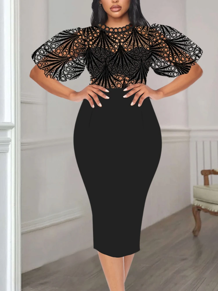

Chic Women Midi Dresses Summer Hollow Out Short Sleeve Tunics Dress Elegant Party Birthday Big Size White Black Bodycon Outfits
