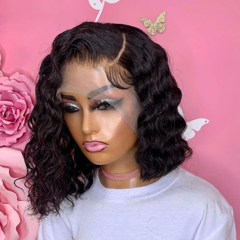 

Middle Part Glueless 180Density 12-18inch Short Bob Kinky Curly Synthetic Lace Front Wig For Black Women BabyHair Preplucked