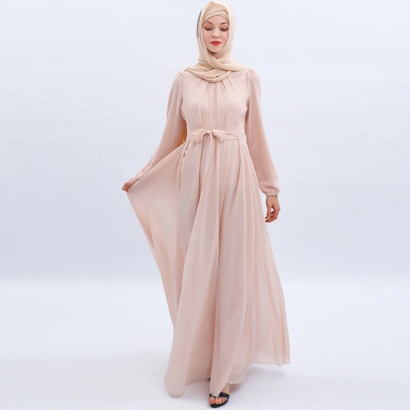 Chiffon Ramadan Muslim Dress Abaya Dubai for Women Caftan Marocain Kaftan Islam Eid Mubarak Robe Dress Summer Long Sleeve Dress