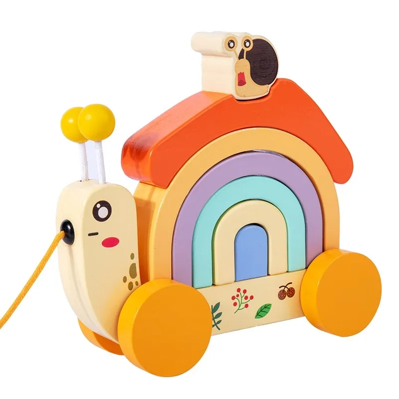 

Children Snail Rally Car Toys Cartoon Snail Jenga Stacking Building Blocks Wooden String Pull Rope Trailer Educational Kid Gift