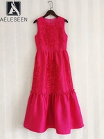 AELESEEN Designer Fashion Women Tank Dress Luxury Sleeveless Solid Red Black Flower Embroidery Ruffles Calf-Length Casual