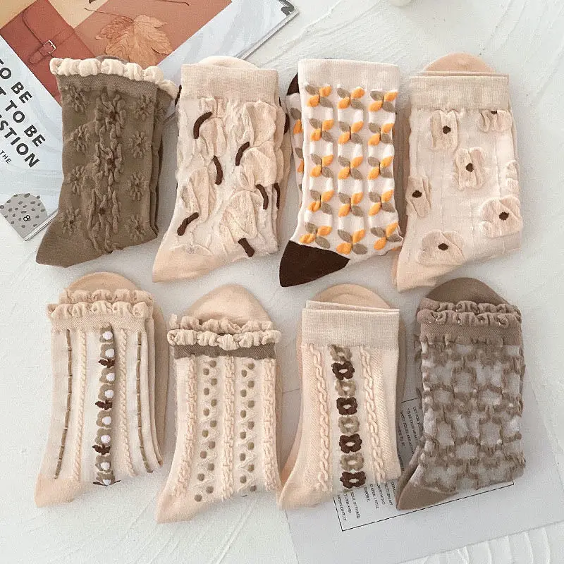 3/5pairs Retro Jacquard Socks Woman Korean Sweet Kawaii Tube Socks Japanese Harajuku Ins Creative Female Sokken Long Socks Women